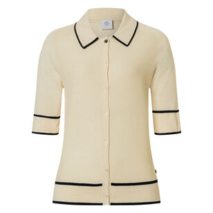 Peaches Short Sleeve Silk Knit Button Down Top