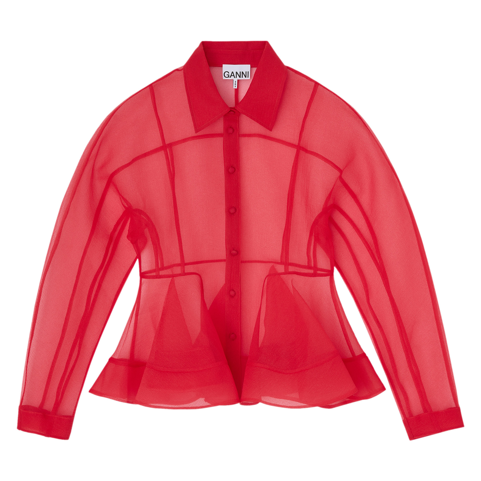 Long Sleeve Textured Organza Peplum Shirt