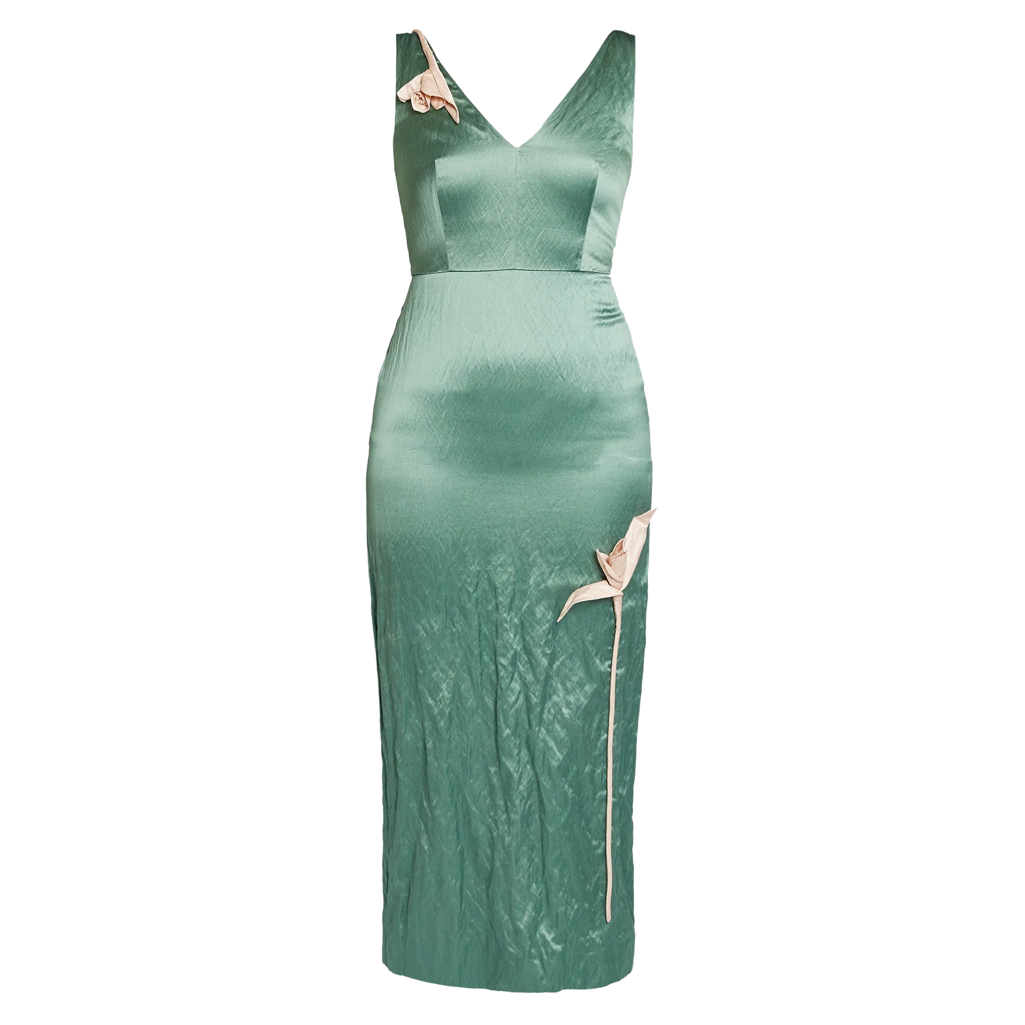 Embroidered Textured Satin Sleeveless Midi Dress
